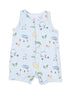 Light blue baby romper featuring playful golf-themed illustrations and colorful characters. Ideal for warm weather.