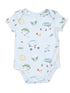Light blue baby onesie with playful illustrations of suns, golf balls, and cars. Ideal for casual toddler wear.