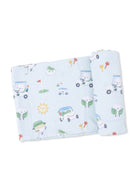 Whimsical blue blanket with cartoonish cars, golf balls, and cheerful sun patterns. Perfect for kids.