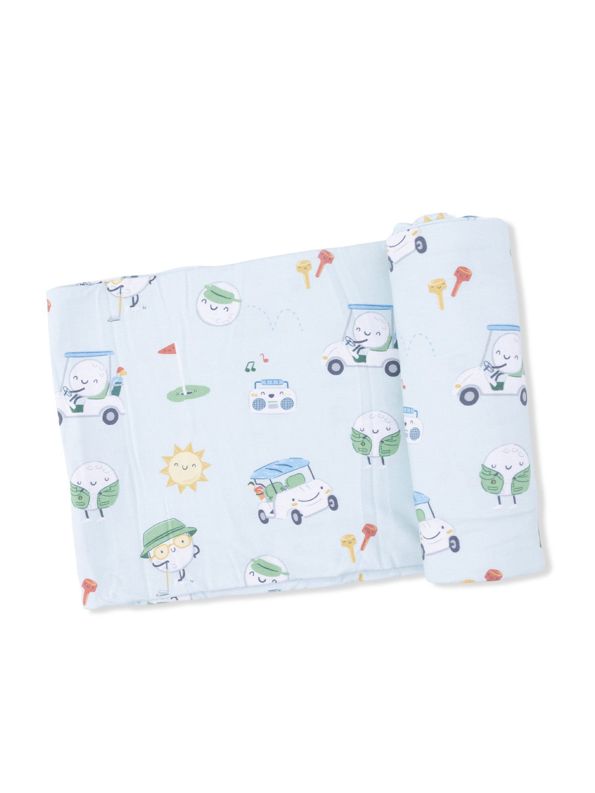 Whimsical blue blanket with cartoonish cars, golf balls, and cheerful sun patterns. Perfect for kids.