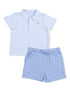 Light blue striped polo shirt with matching shorts for kids, featuring a playful embroidered design.