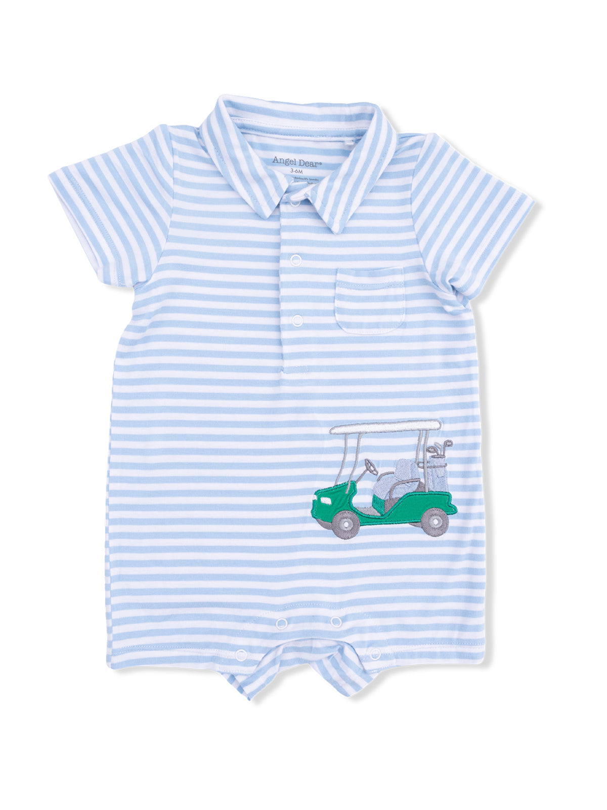 Blue and white striped baby romper with embroidered golf cart design on the front.