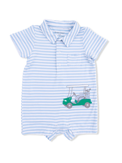 Blue and white striped baby romper with embroidered golf cart design on the front.