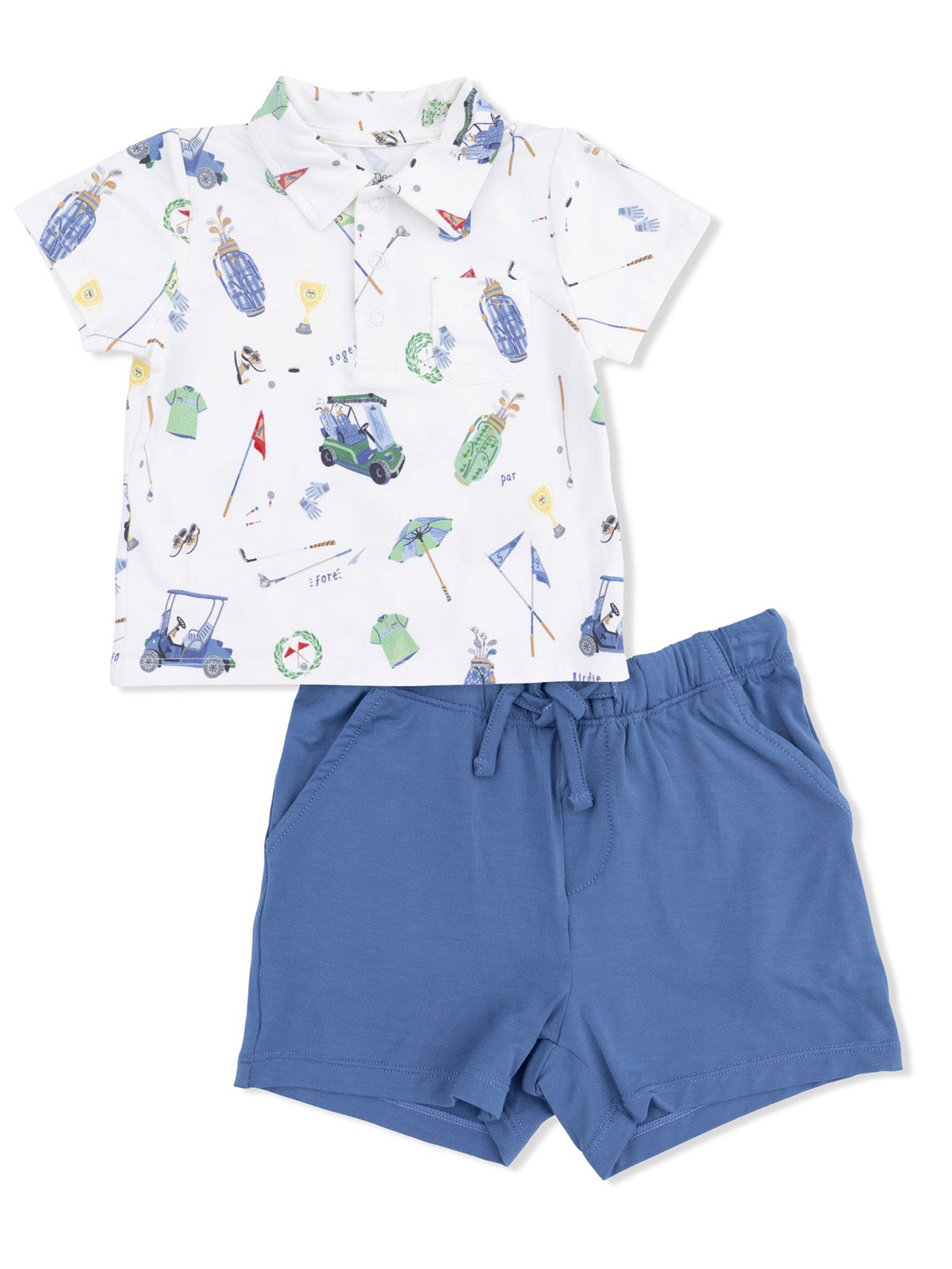 Boys' outfit featuring a white graphic polo shirt with golf prints and blue shorts with an elastic waistband.