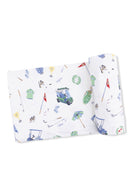 Golf-themed pillowcase design featuring clubs, flags, and equipment illustrations on a white background.