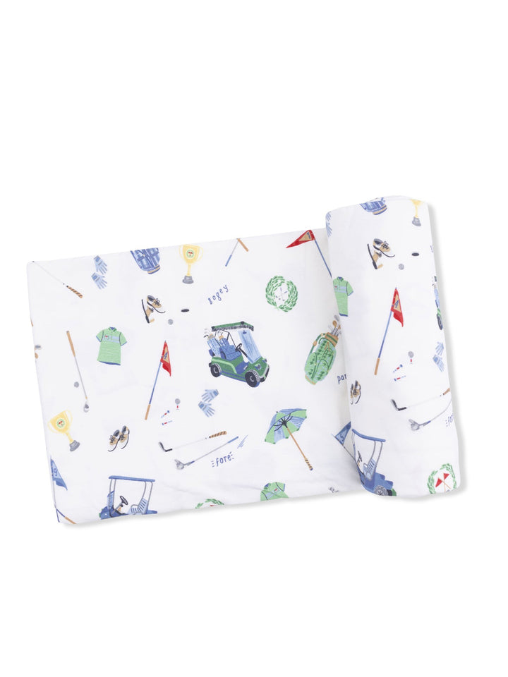 Golf-themed pillowcase design featuring clubs, flags, and equipment illustrations on a white background.