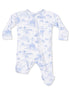 White baby onesie with blue landscape print, featuring long sleeves and a front zipper.