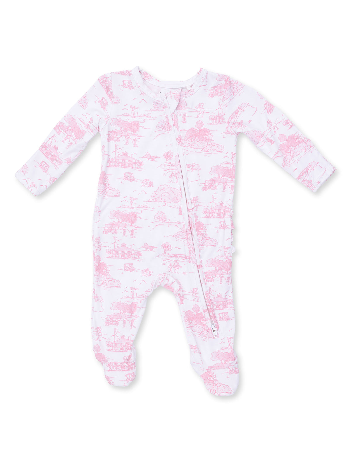 2-Way Zip Ruffle Footie, Golf Toile Pink