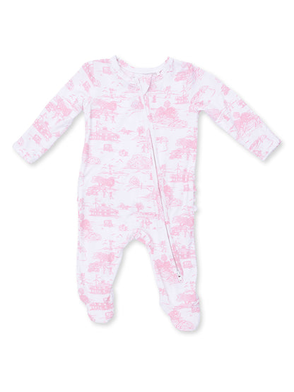 2-Way Zip Ruffle Footie, Golf Toile Pink