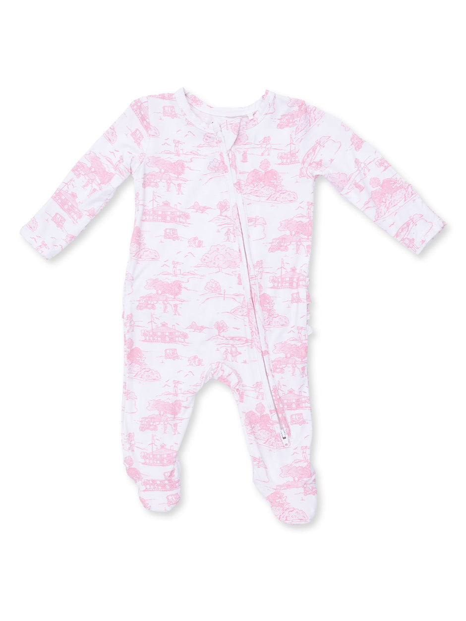 2-Way Zip Ruffle Footie, Golf Toile Pink