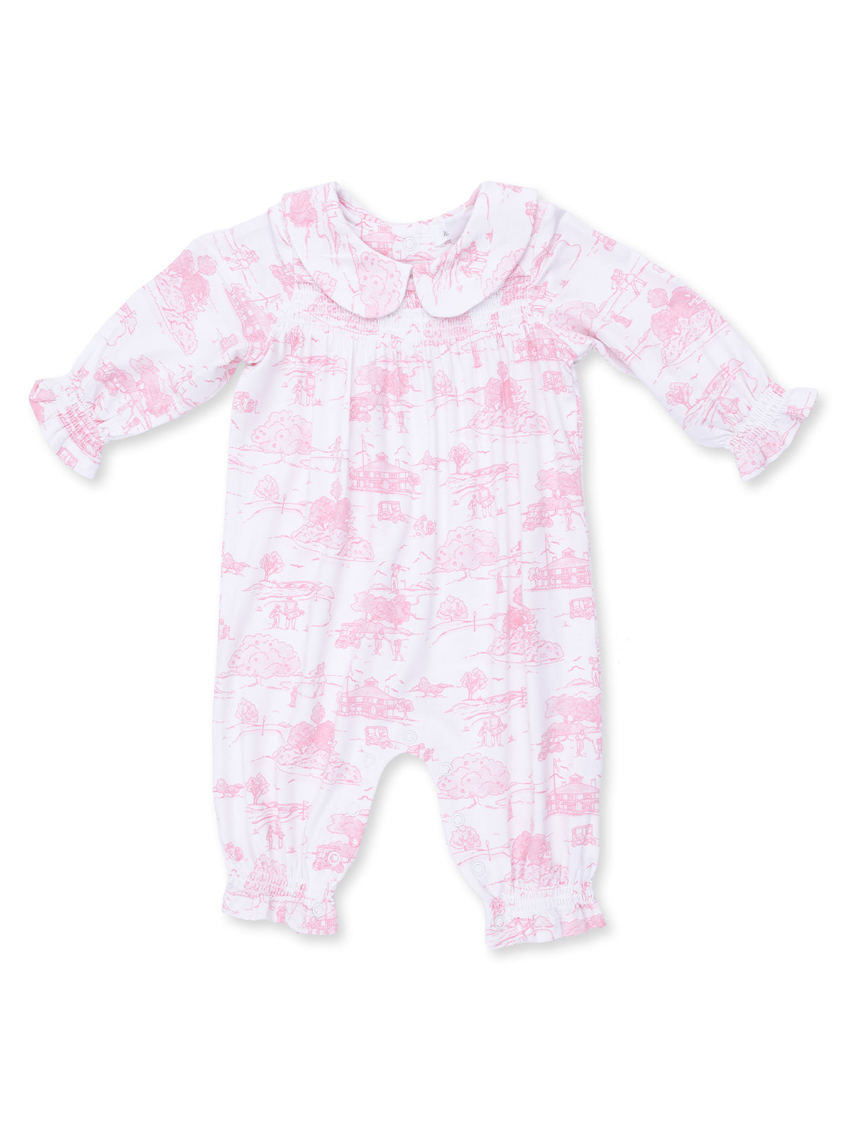 Smocked Long Sleeve Romper, Golf Toile Pink