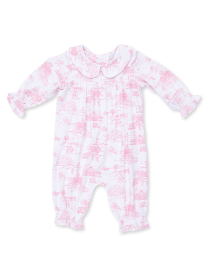 Smocked Long Sleeve Romper, Golf Toile Pink