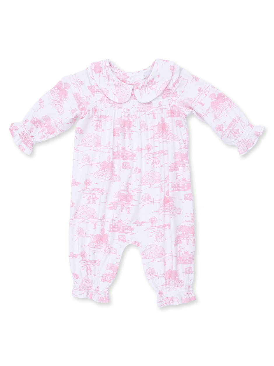 Smocked Long Sleeve Romper, Golf Toile Pink