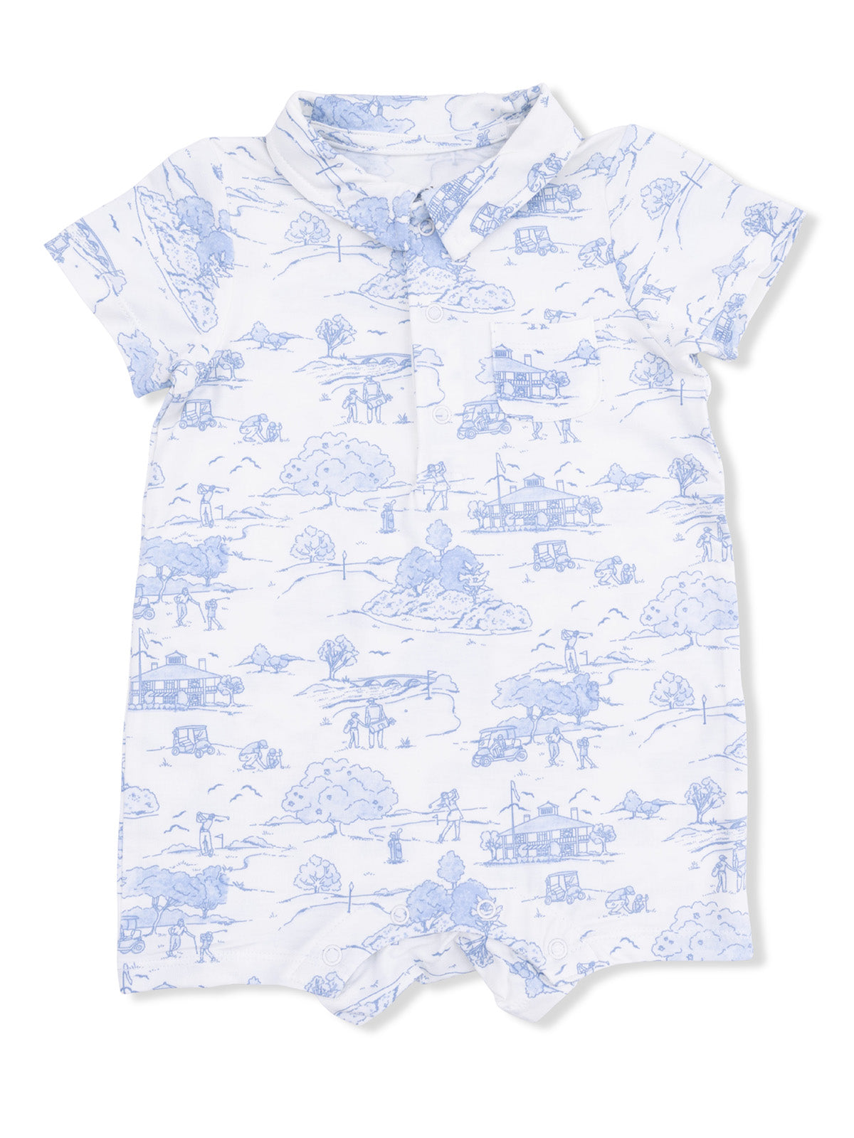 Light blue patterned romper featuring scenic illustrations of outdoor activities on a white background.
