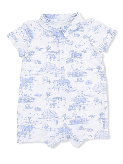 Light blue patterned romper featuring scenic illustrations of outdoor activities on a white background.