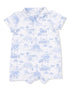 Light blue patterned romper featuring scenic illustrations of outdoor activities on a white background.