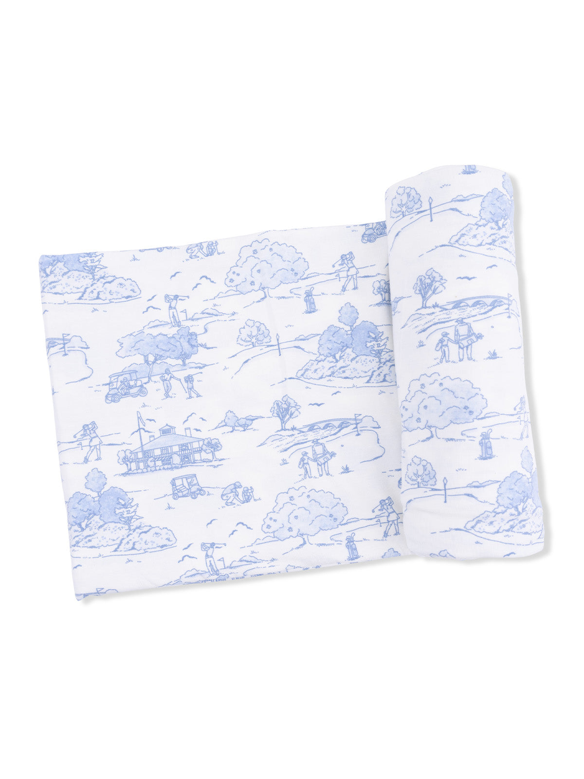 Light blue fabric featuring scenic illustrations of outdoor activities and landscapes.
