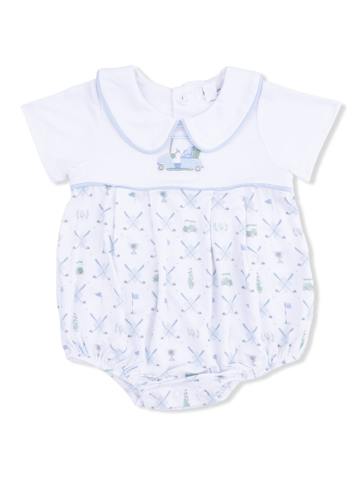 White baby romper with blue trim featuring golf-themed patterns and an embroidered car design on the chest.