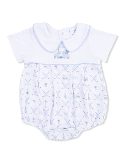 White baby romper with blue trim featuring golf-themed patterns and an embroidered car design on the chest.
