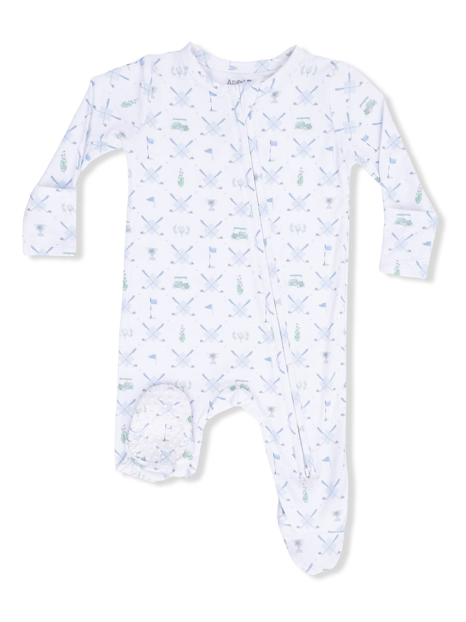 White baby onesie with playful patterns, including golf clubs, trophies, and flags. Ideal for infants.