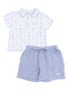 Boys' outfit featuring a patterned polo shirt and light blue shorts with a playful truck design.