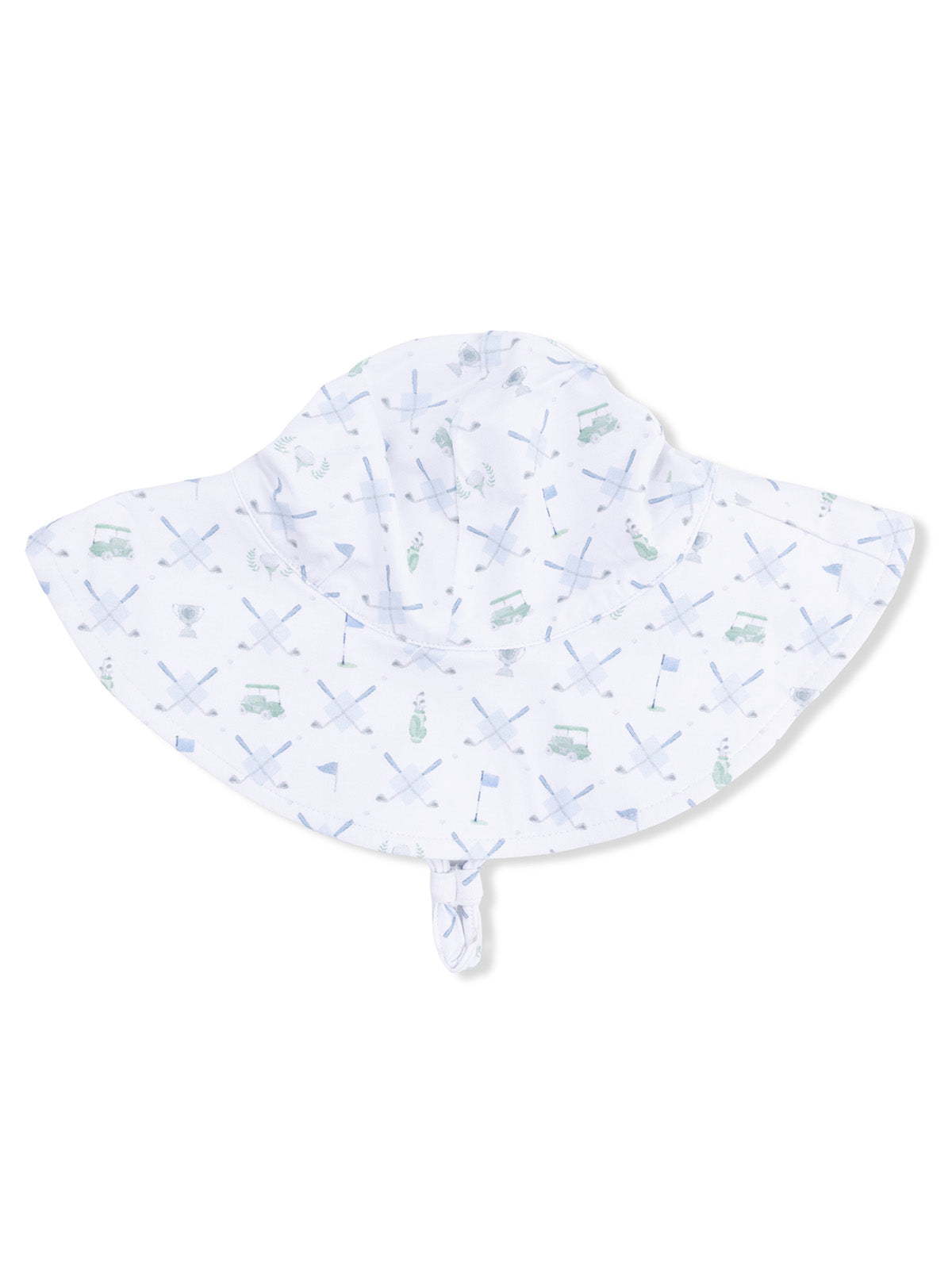 White sun hat with whimsical patterns of golf clubs, trophies, and carts, tied at the chin for secure fit.