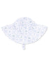 White sun hat with whimsical patterns of golf clubs, trophies, and carts, tied at the chin for secure fit.
