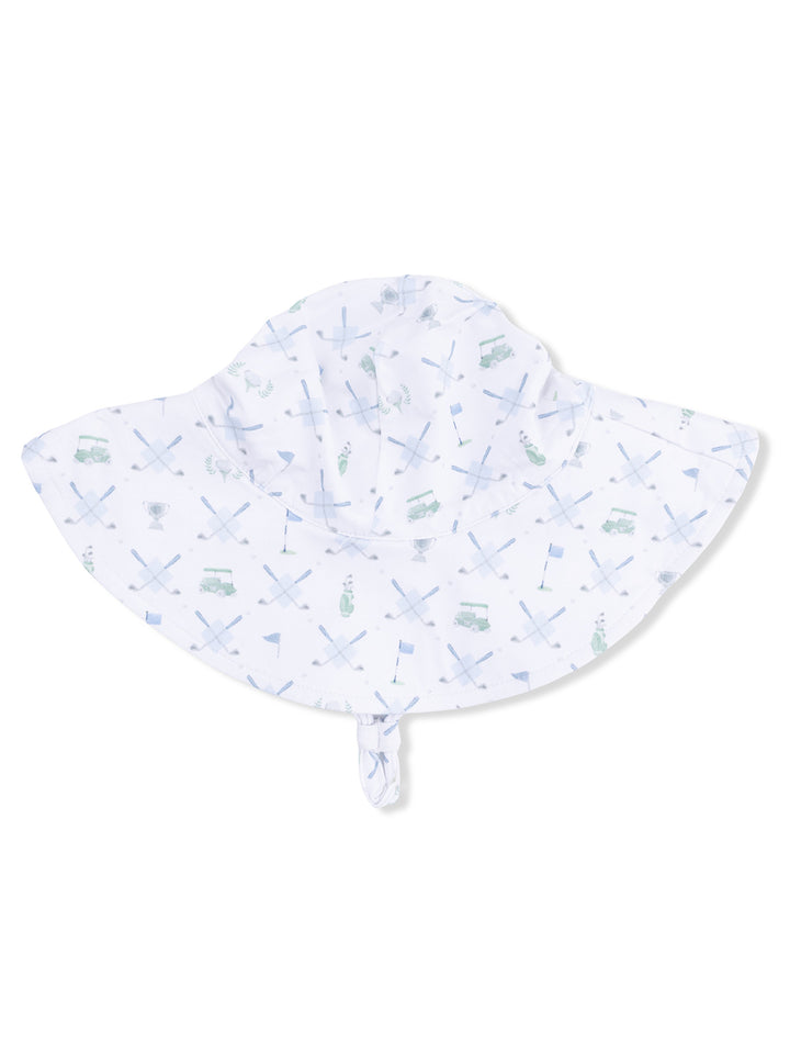 White sun hat with whimsical patterns of golf clubs, trophies, and carts, tied at the chin for secure fit.