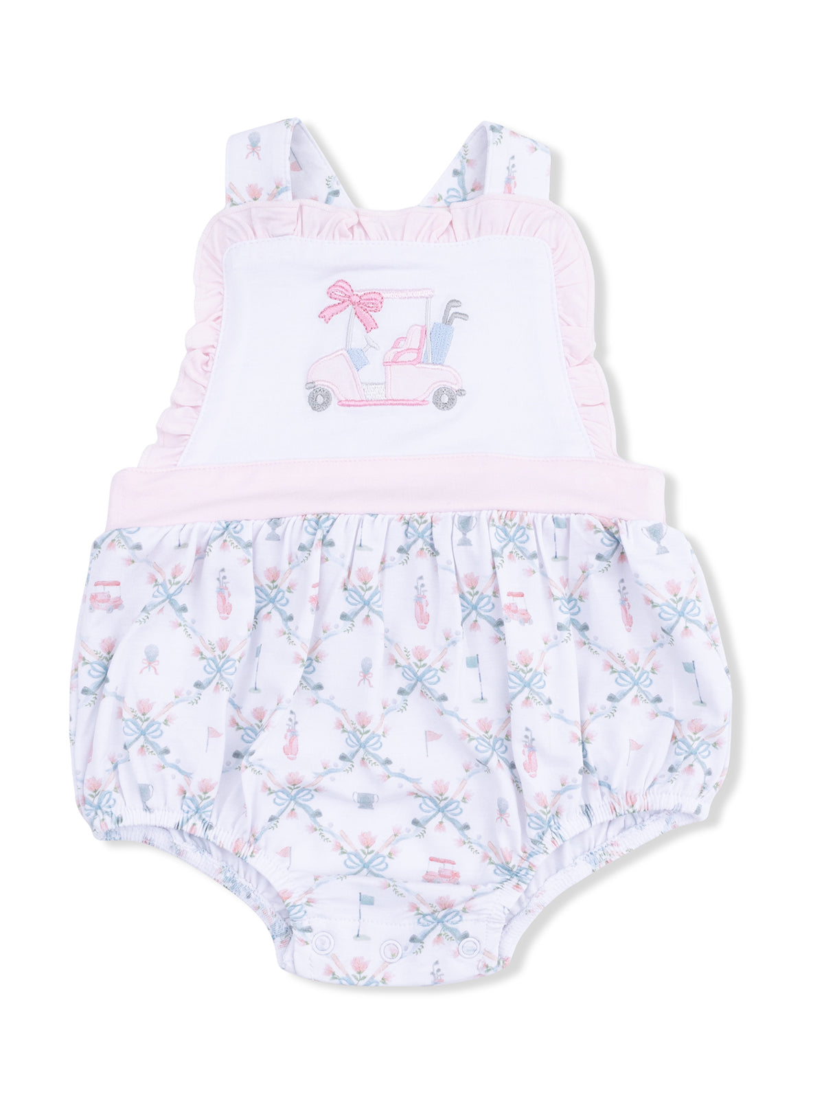 Pink and white infant romper with golf cart embroidery and floral patterns, perfect for spring outings.
