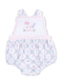 Pink and white infant romper with golf cart embroidery and floral patterns, perfect for spring outings.