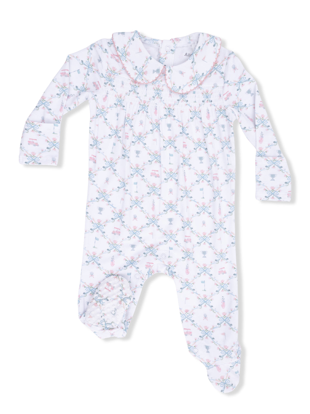 White baby onesie with a decorative pattern and a collared neckline. Perfect for infant wear.