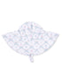 Children's sun hat with a playful pattern of ribbons, trophies, and flags on a light background.