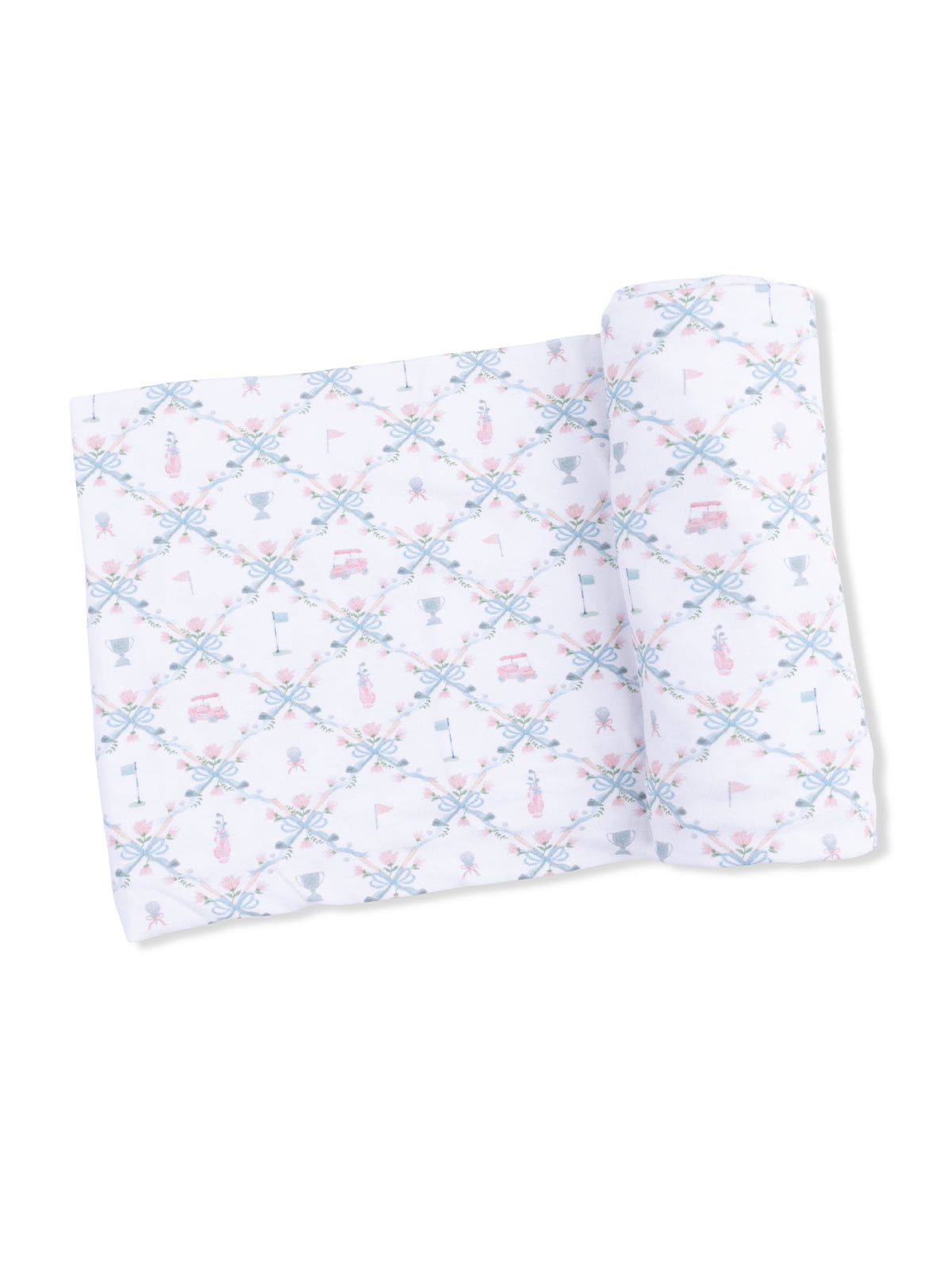 Patterned baby blanket featuring golf, flags, and trophies in soft pastel colors, rolled and partially unfolded.