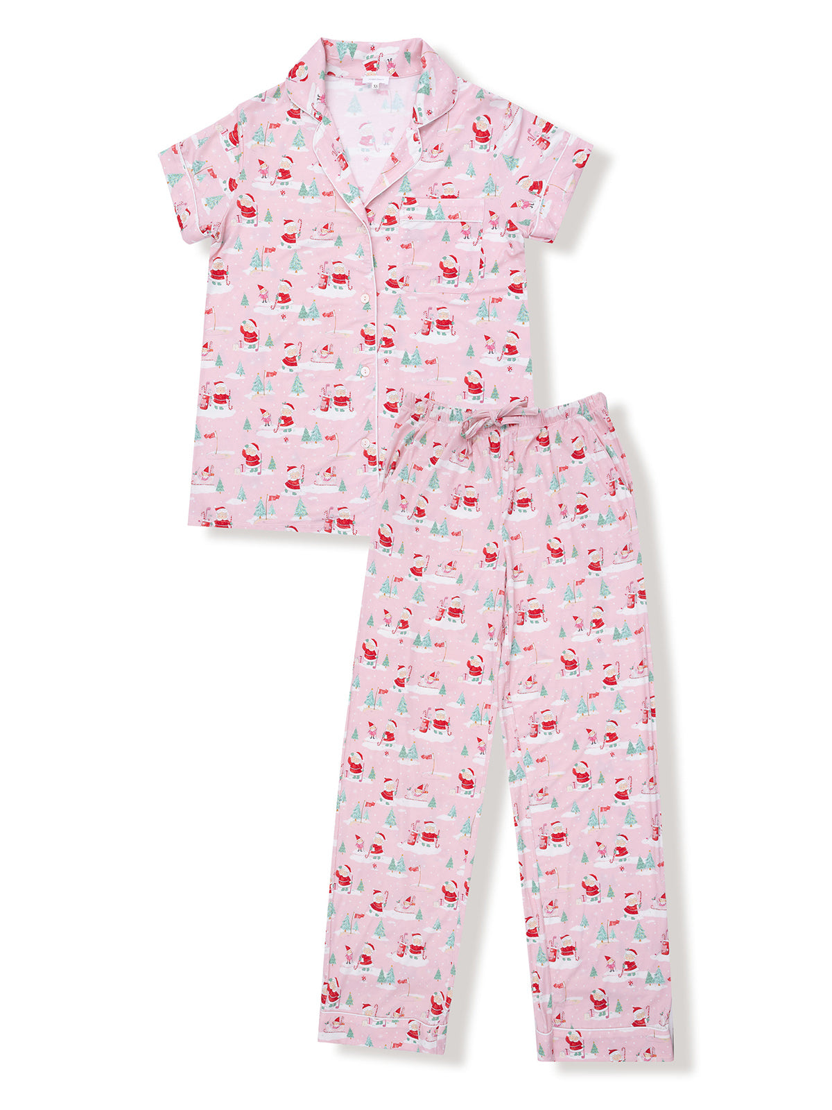 Pink pajama set with festive Santa and tree patterns, featuring a short-sleeve top and long pants.
