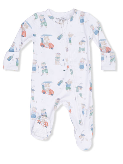 White baby onesie featuring colorful cartoon bears playing golf. Zipper front and textured feet for grip.