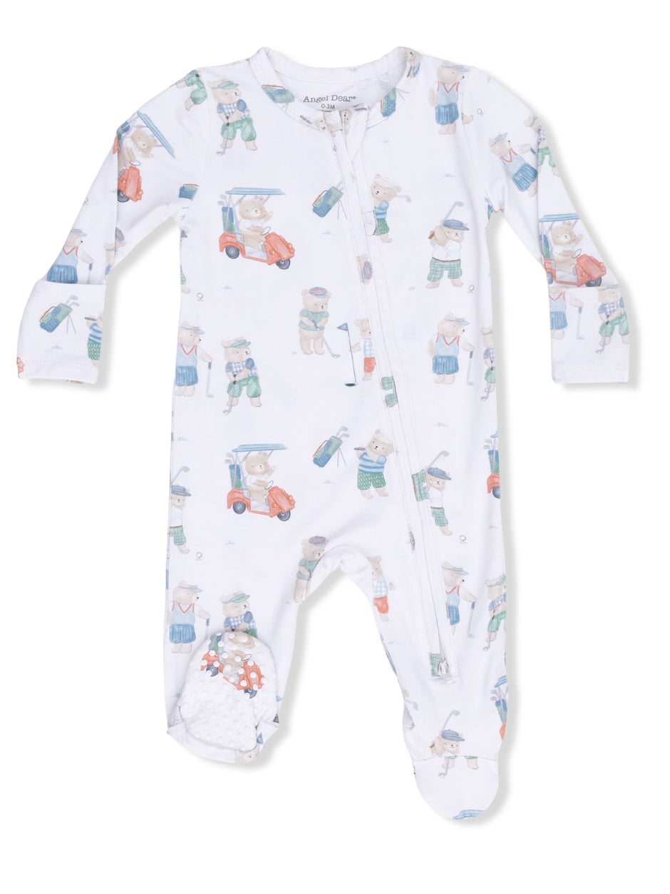 White baby onesie featuring colorful cartoon bears playing golf. Zipper front and textured feet for grip.