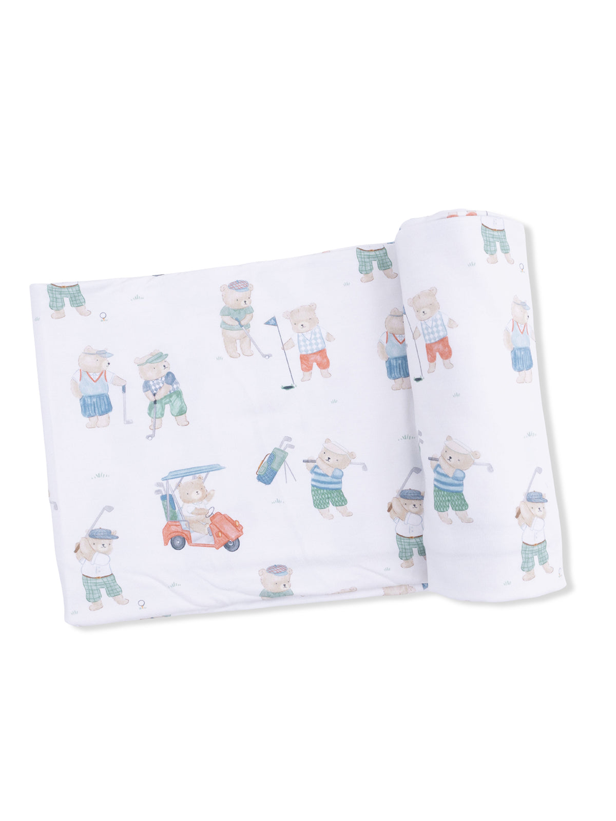 Whimsical blanket featuring playful bears in golf attire, engaging in various golfing activities.