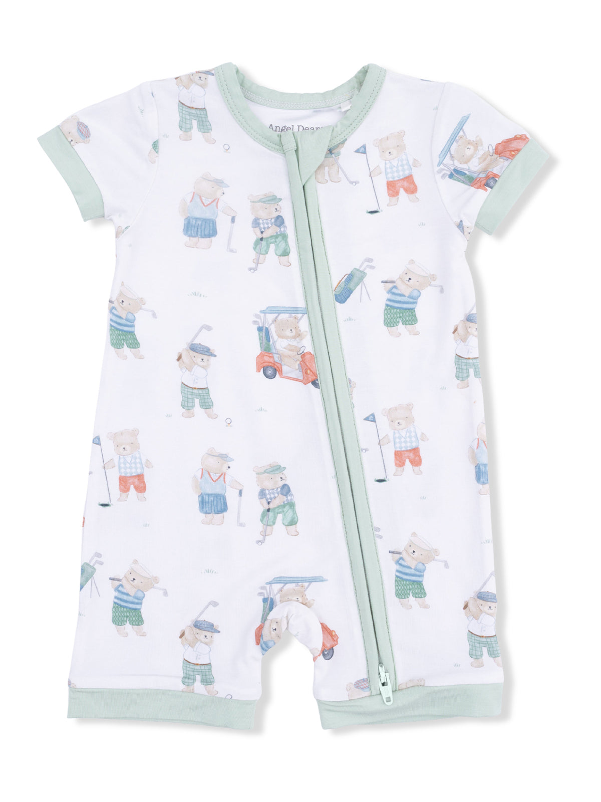 Children's short-sleeve romper featuring playful bears in golf attire on a light background.