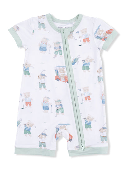 Children's short-sleeve romper featuring playful bears in golf attire on a light background.