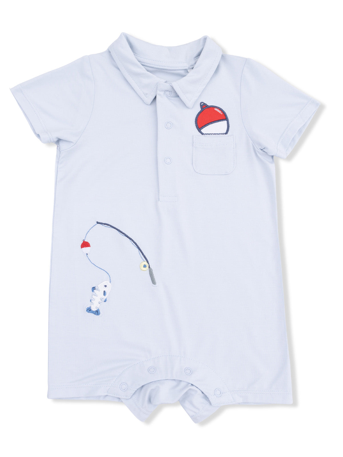 Light blue polo shirt for infants, featuring fishing-themed embroidery with a fish and a bobber design.