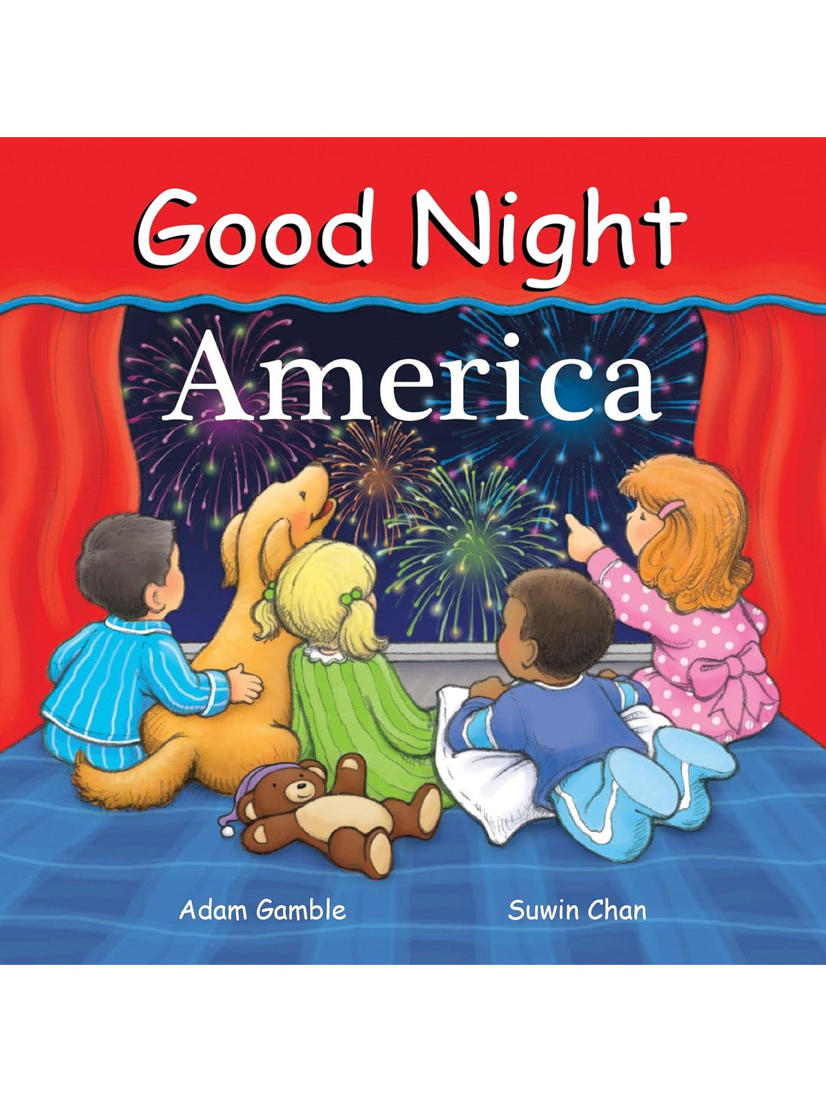 Children and a dog watching fireworks through a window with a red curtain, with the title "Good Night America" above.