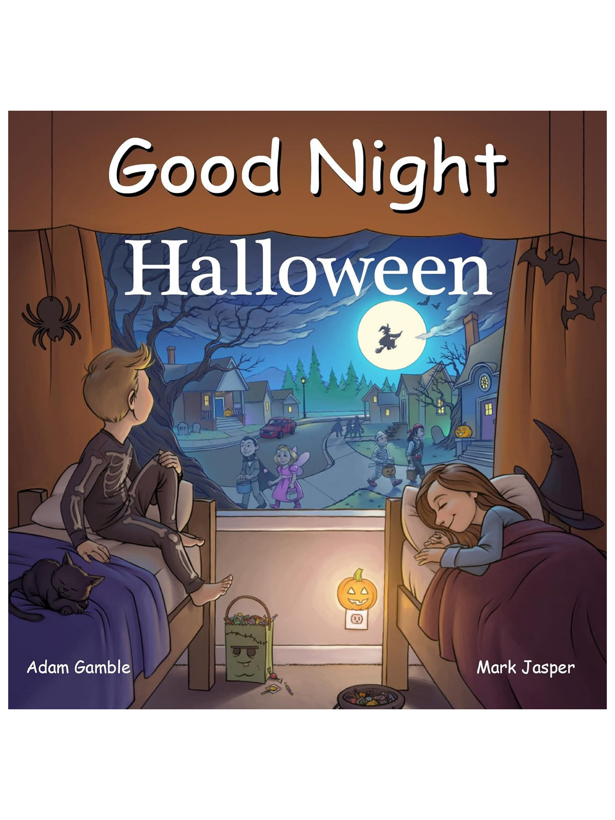 Illustration of children in bed, watching Halloween festivities outside, with a pumpkin and candy visible.
