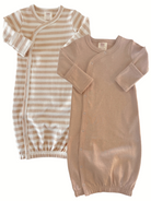 Two infant gowns: one striped, one solid beige, both featuring long sleeves and snap closures.