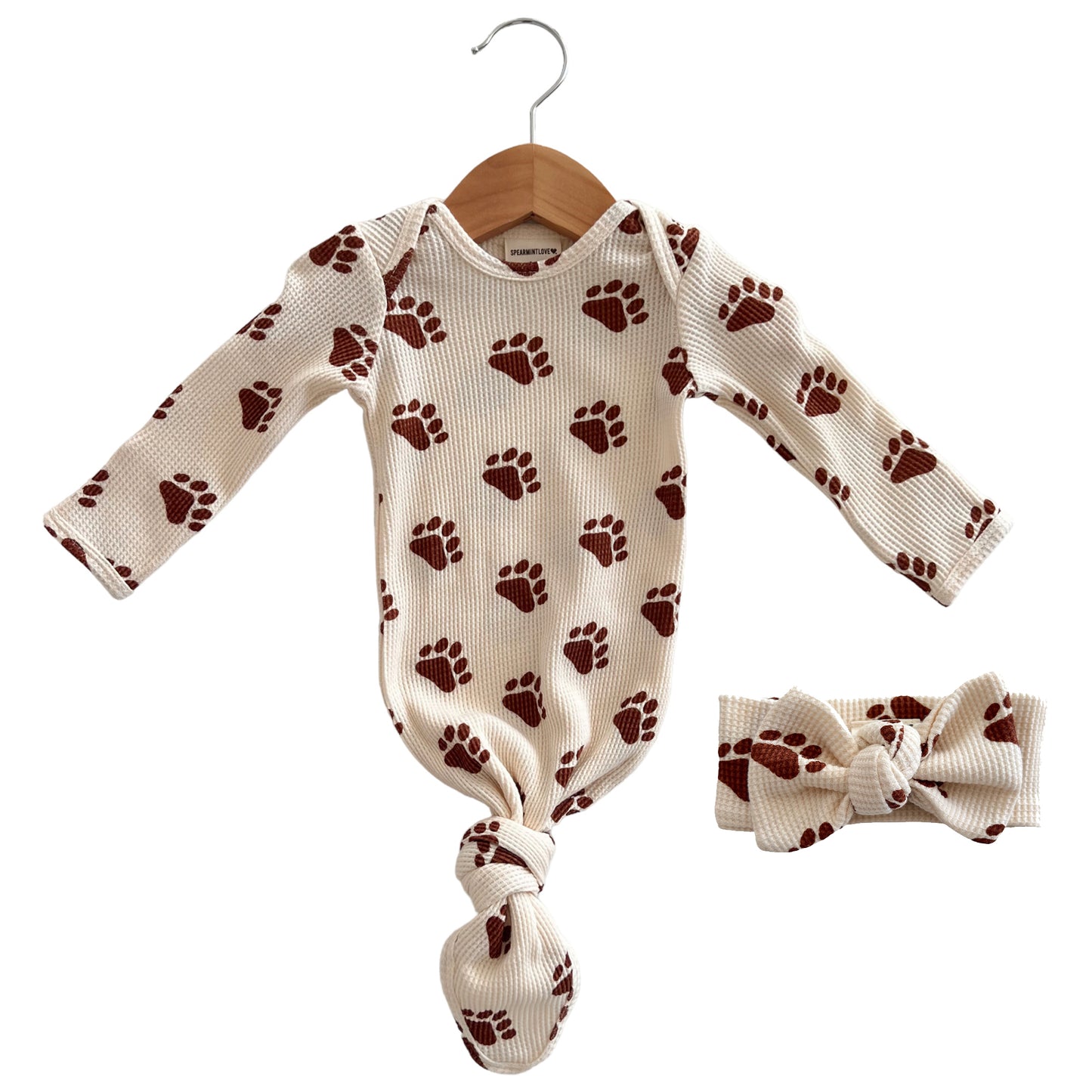 Organic Waffle Knotted Gown & Bow Set, Bear Paw