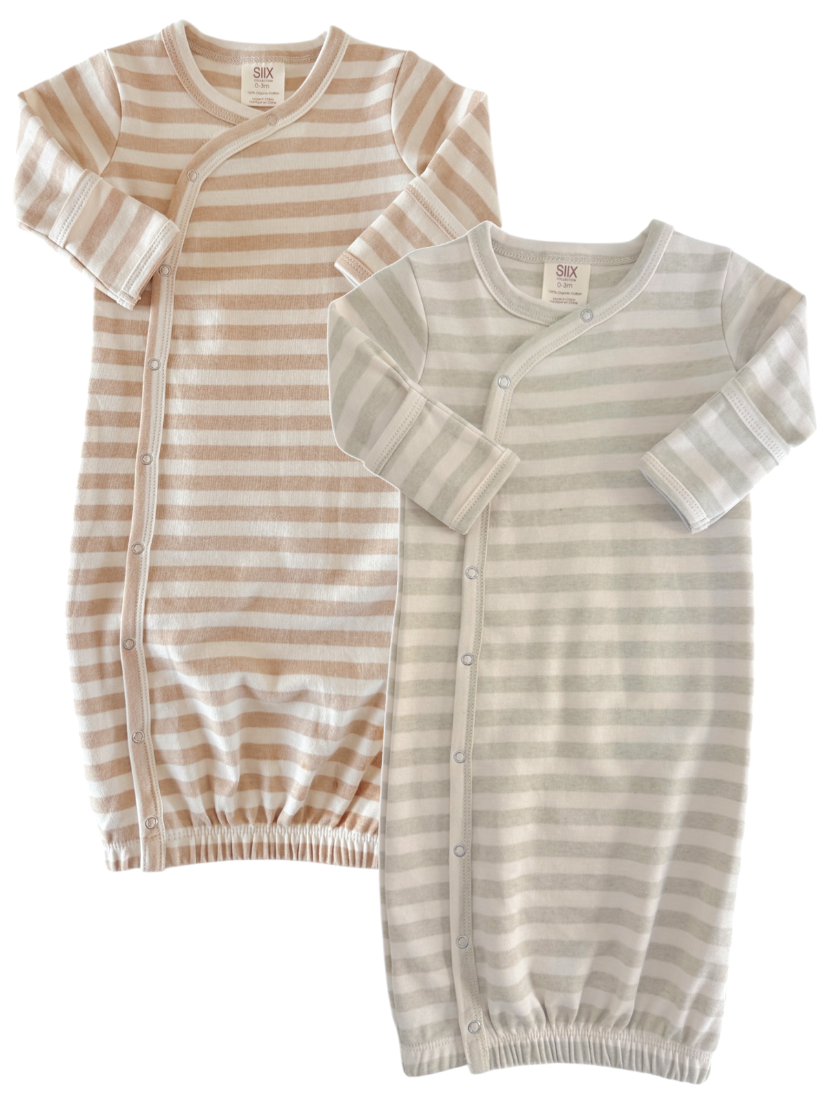 Two striped baby gowns in beige and light gray, featuring long sleeves and snap closures along the front.