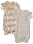 Two striped baby sleep sacks, one in beige and the other in pastel colors, with snap closures.