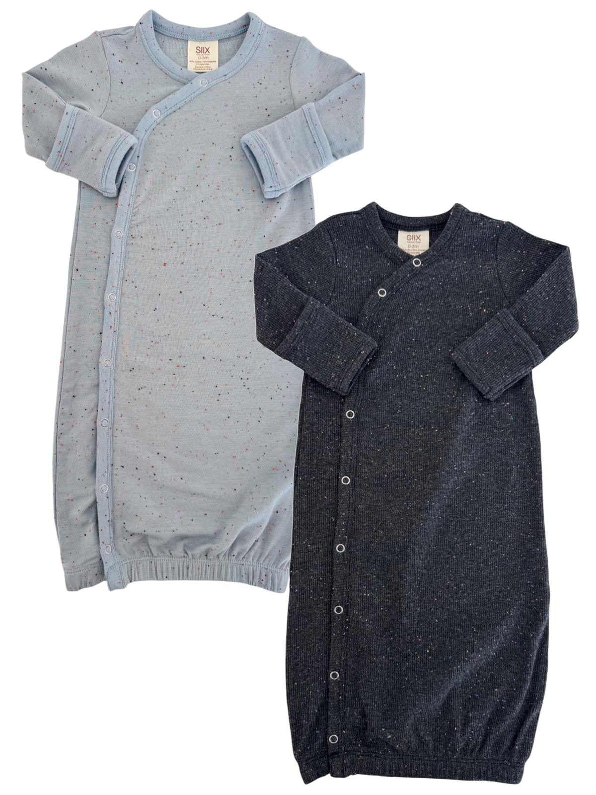 Two infant gowns in light blue and dark gray, featuring speckled patterns and snap closures.