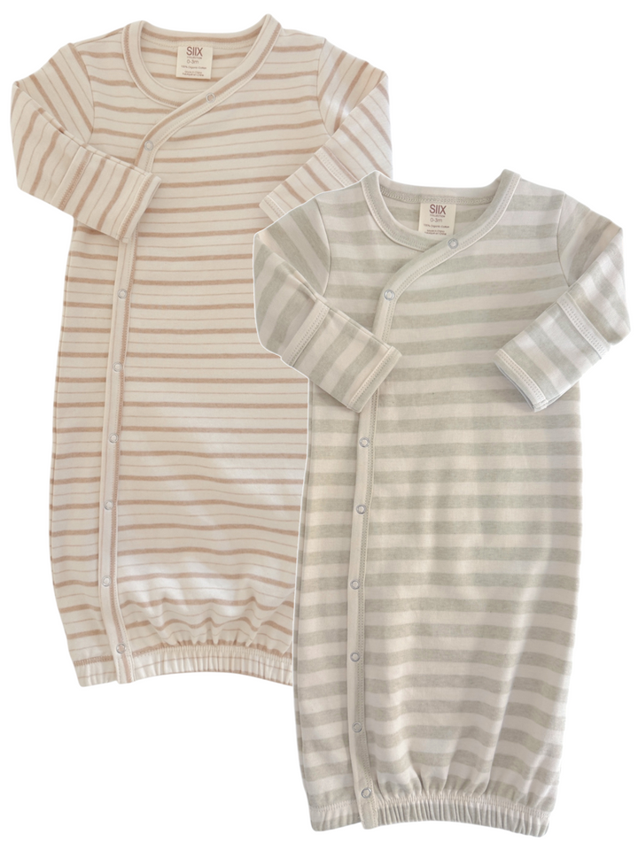 Two striped baby outfits, one in beige and the other in light gray, featuring long sleeves and snap closures.