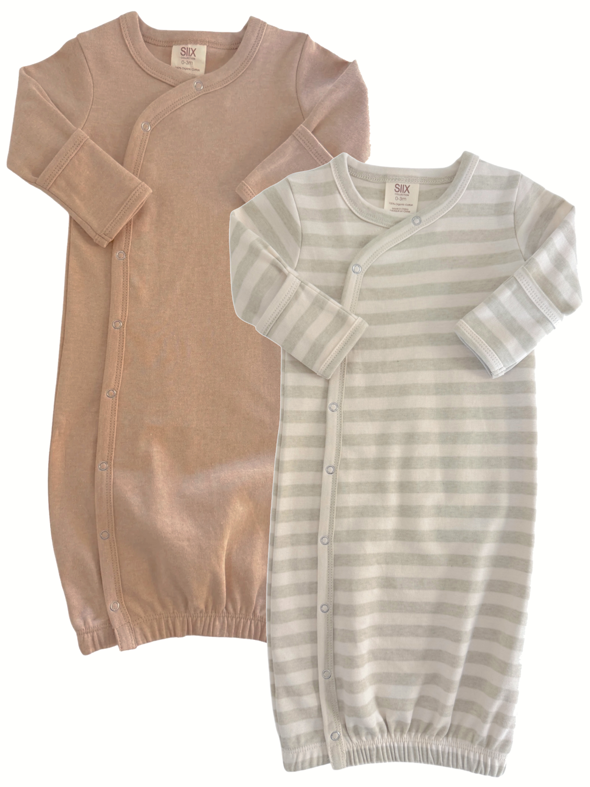 Two infant sleep sacks: one in soft pink and the other in light gray with stripes, both with snap fasteners.