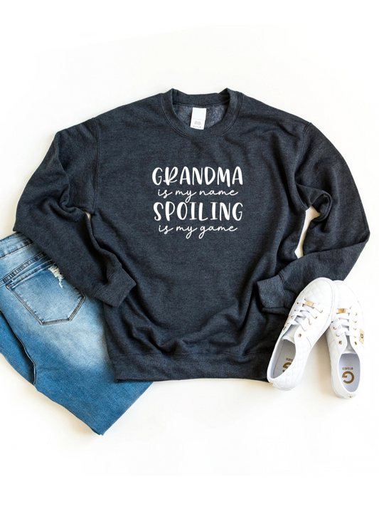 Grandma Is My Name Spoiling Is My Game Women's Graphic Sweatshirt, Dark Heather